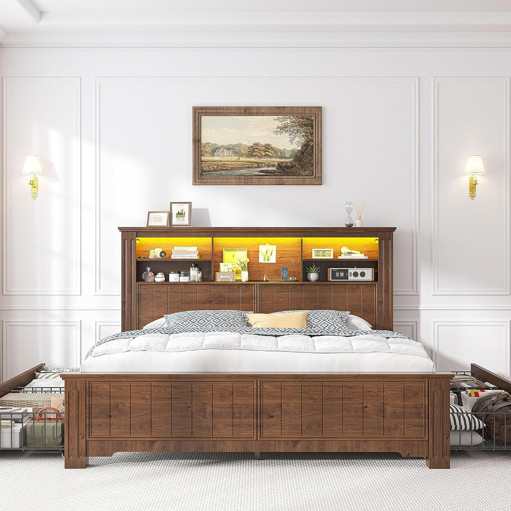 EnHomee Full Size Bed Frame with Headboard and Storage, 4 Drawers and LED Built in Charging Station Full Bed Frame with Storage Farmhouse, NO Noise,No Box Spring Needed,Brown