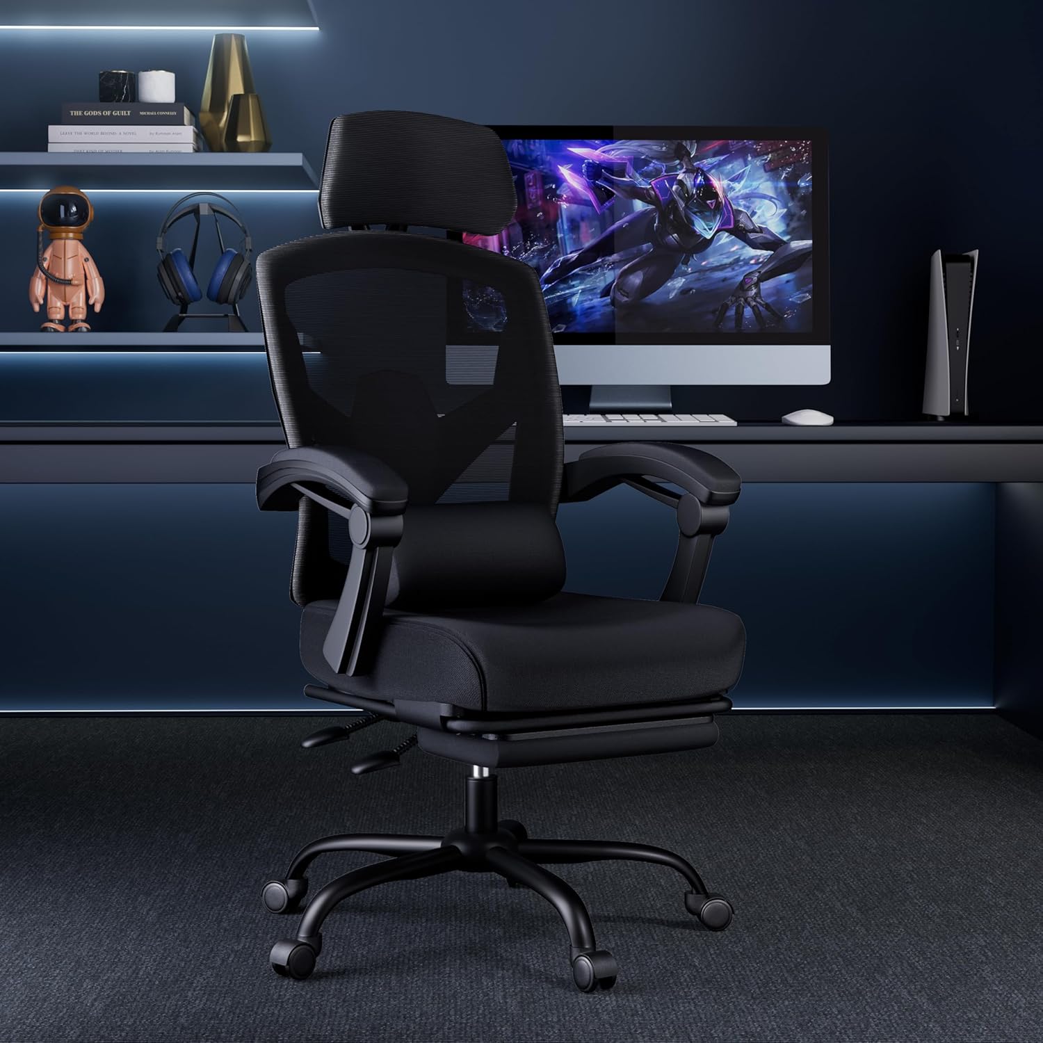 DUMOS Office Desk Computer Chair with Footrest, Ergonomic Mesh Swivel Gaming Chair with Rolling Wheels, Comfortable Headrest, Lumbar Support, Comfy for Home, Office, Task, Student, Inky