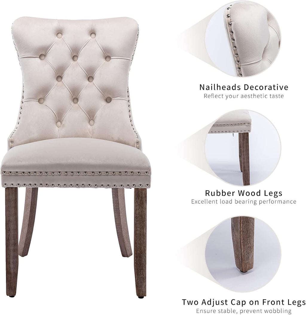 Beige Velvet Dining Chairs Set of 4, Kitchen & Dining Room Chairs, Fabric Tufted Dinning, Velvet Upholstered, High Wing Back, Pull Ring, Wood Frame, Mid Century Modern, Sillas de Comedor