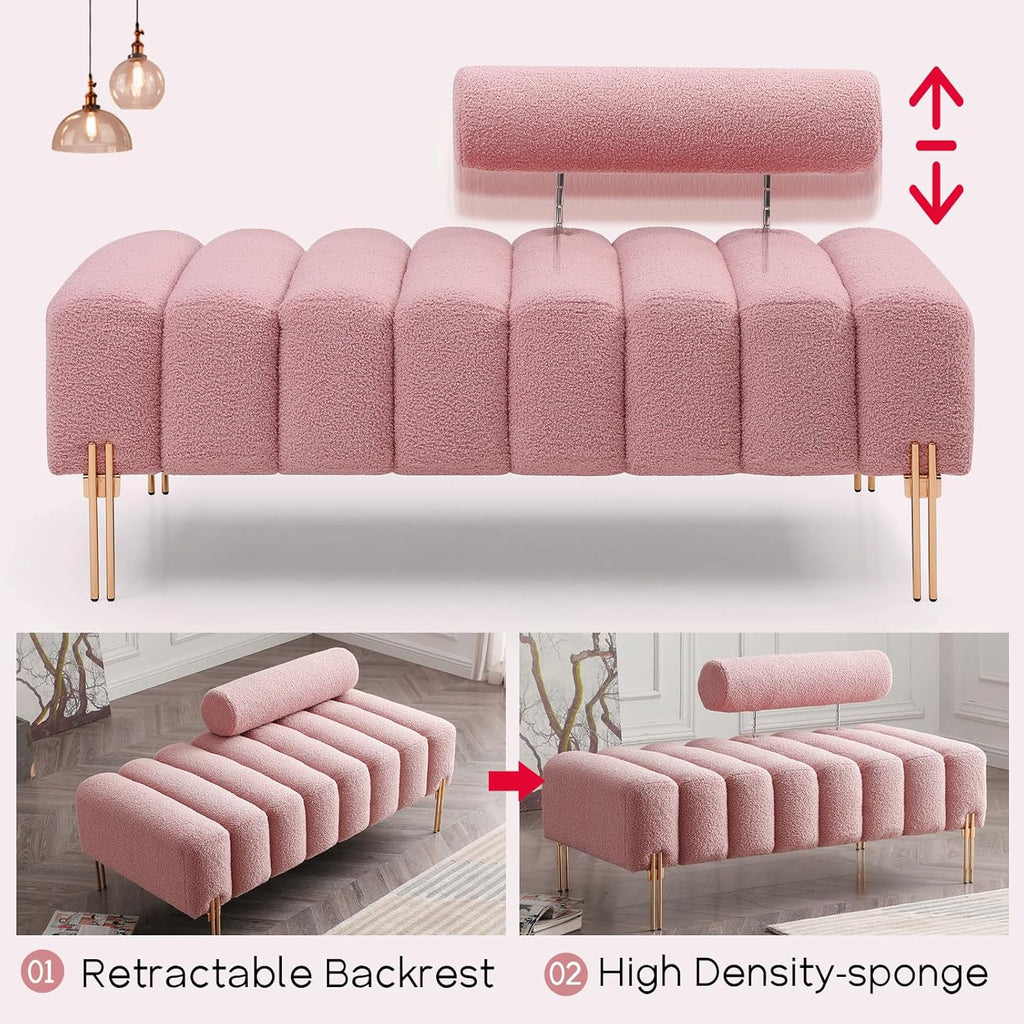 NIOIIKIT 53.2" Modern Loveseat Sofa Couch, Upholstered Accent Sofa with Golden Legs and Adjustable Backrest, Small Teddy Fleece Couches for Bedroom, Living Room, Compact Small Space (Pink Teddy)