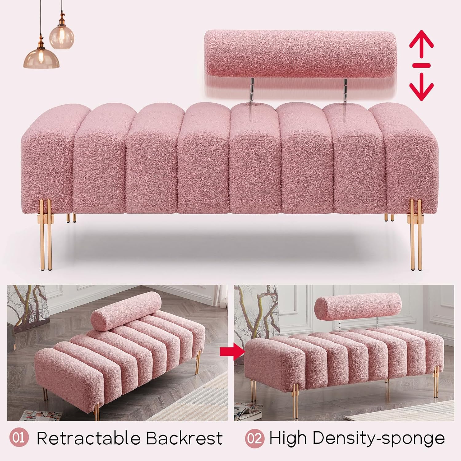 NIOIIKIT 53.2" Modern Loveseat Sofa Couch, Upholstered Accent Sofa with Golden Legs and Adjustable Backrest, Small Teddy Fleece Couches for Bedroom, Living Room, Compact Small Space (Pink Teddy)