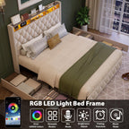 GarveeHome King Size Bed Frame with 50.8 in Tall Headboard, Platform Velvet Upholstered Bed Frame with 4 Storage Drawers, USB Charging Station, Led Lights, No Box Spring Needed, Easy Assembly, Beige