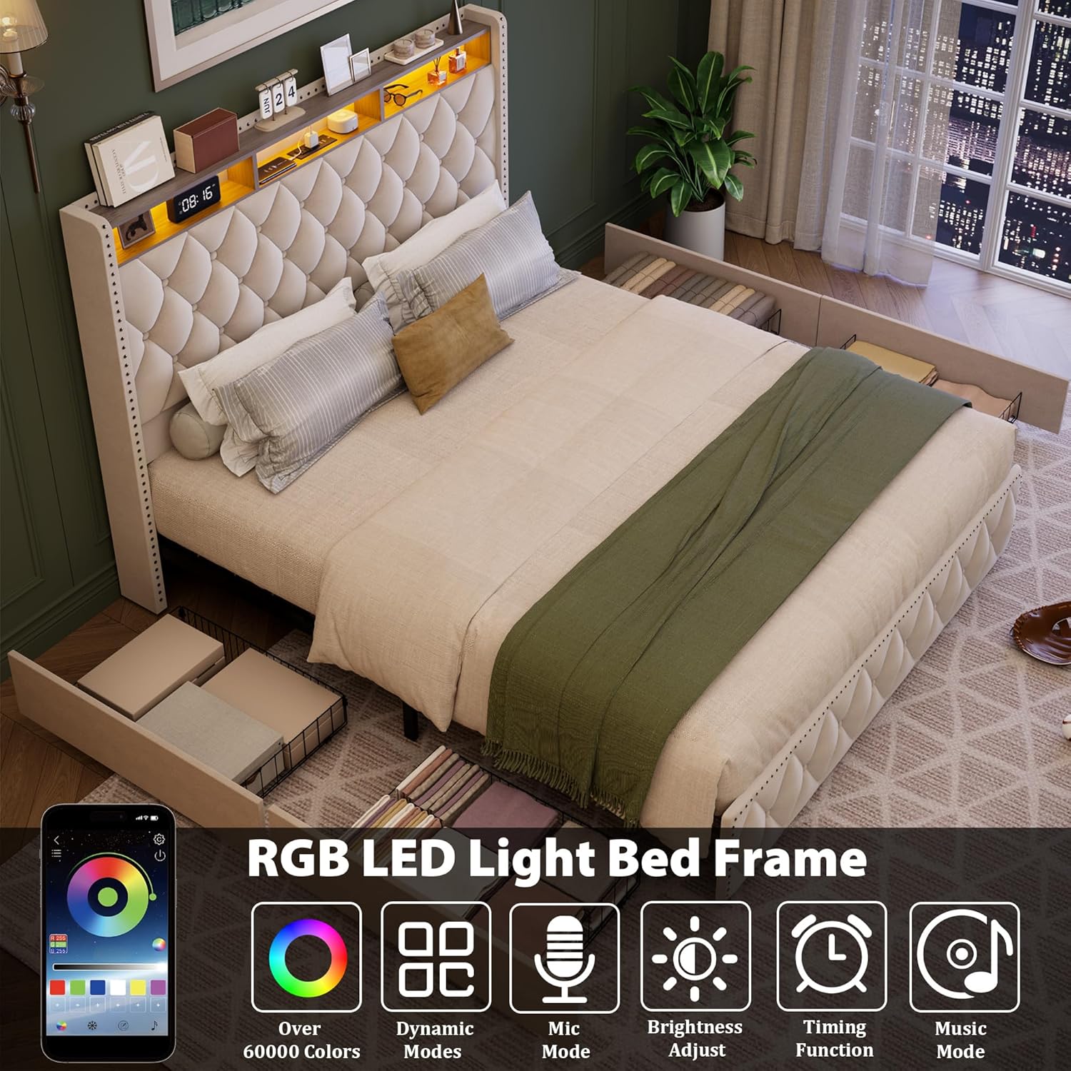 GarveeHome King Size Bed Frame with 50.8 in Tall Headboard, Platform Velvet Upholstered Bed Frame with 4 Storage Drawers, USB Charging Station, Led Lights, No Box Spring Needed, Easy Assembly, Beige