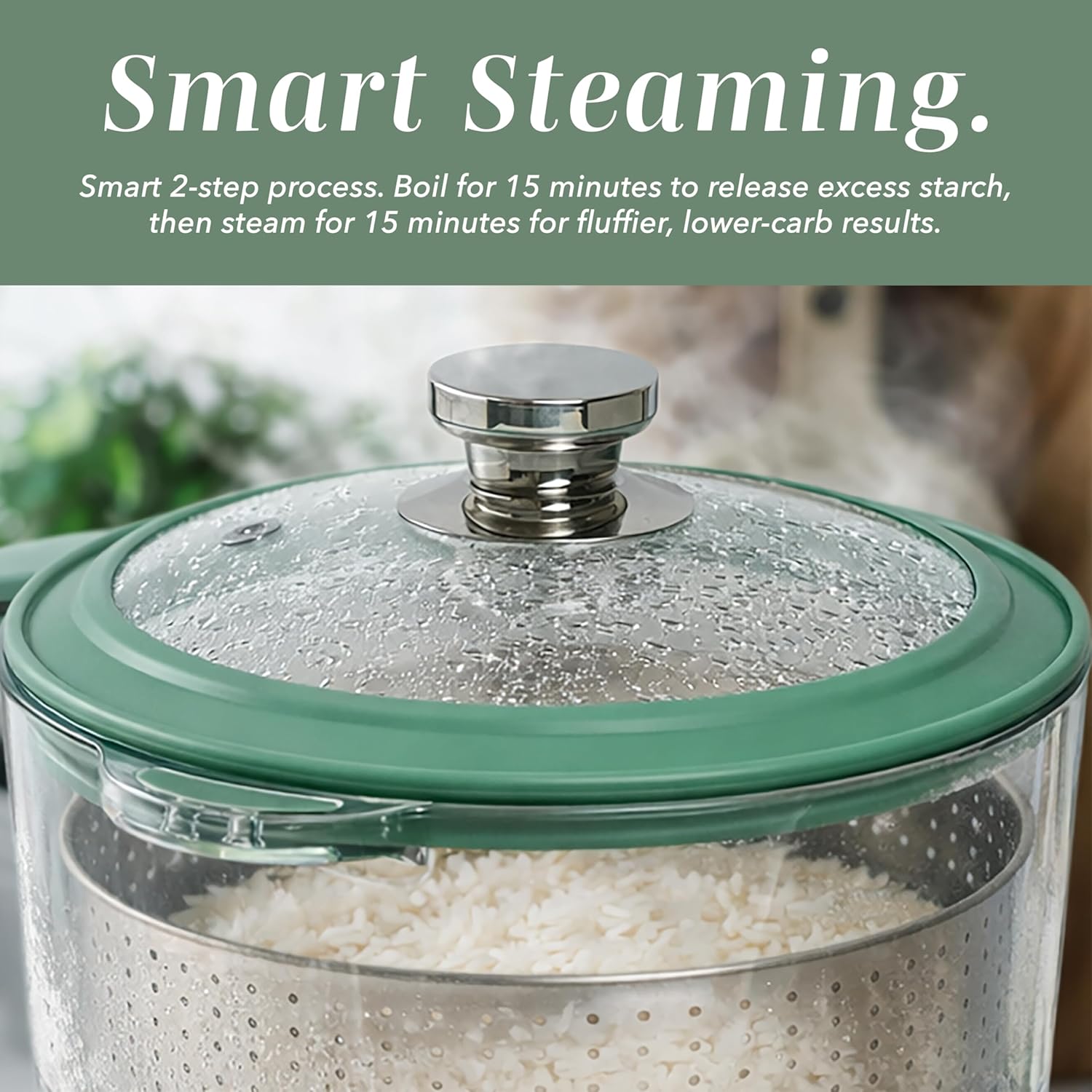 COOK WITH COLOR 3L Glass Mini Low Carb Rice Cooker – Holds 2 Cups Raw/Makes 6 Cups Cooked with Auto Lift Filter Basket, Hotpot & Steamer for Rice, Grains, Digital Panel with Keep Warm, Dark Sage