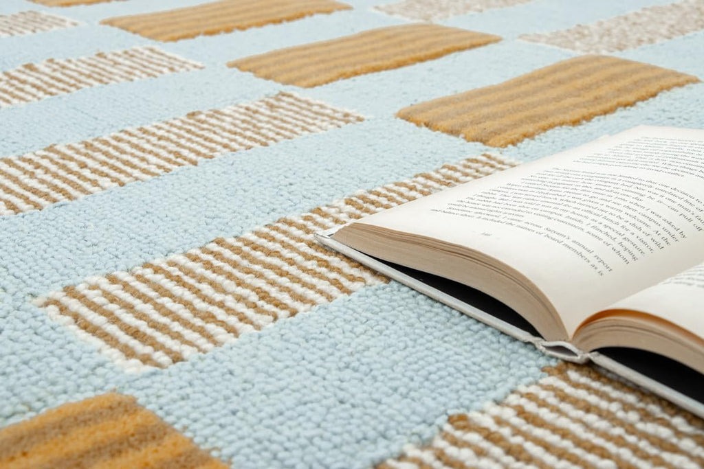 Checkered Hand-Tufted 100% Wool Area Rug - 5x8 Ft, Rectangular Light Blue Base with Mustard and Beige Blocks, Olive Green Scalloped Edge, Cotton Backing Plush Carpet for Bedroom & Nursery