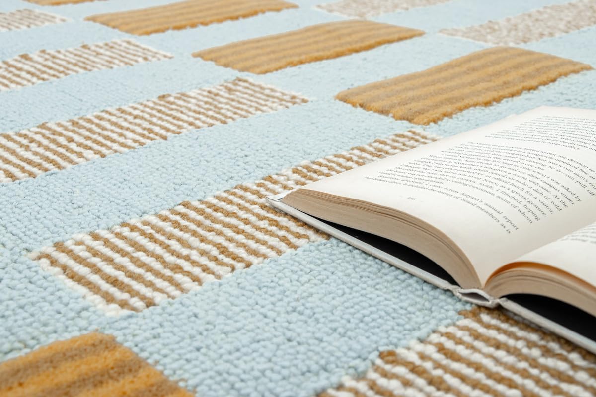Checkered Hand-Tufted 100% Wool Area Rug - 5x8 Ft, Rectangular Light Blue Base with Mustard and Beige Blocks, Olive Green Scalloped Edge, Cotton Backing Plush Carpet for Bedroom & Nursery