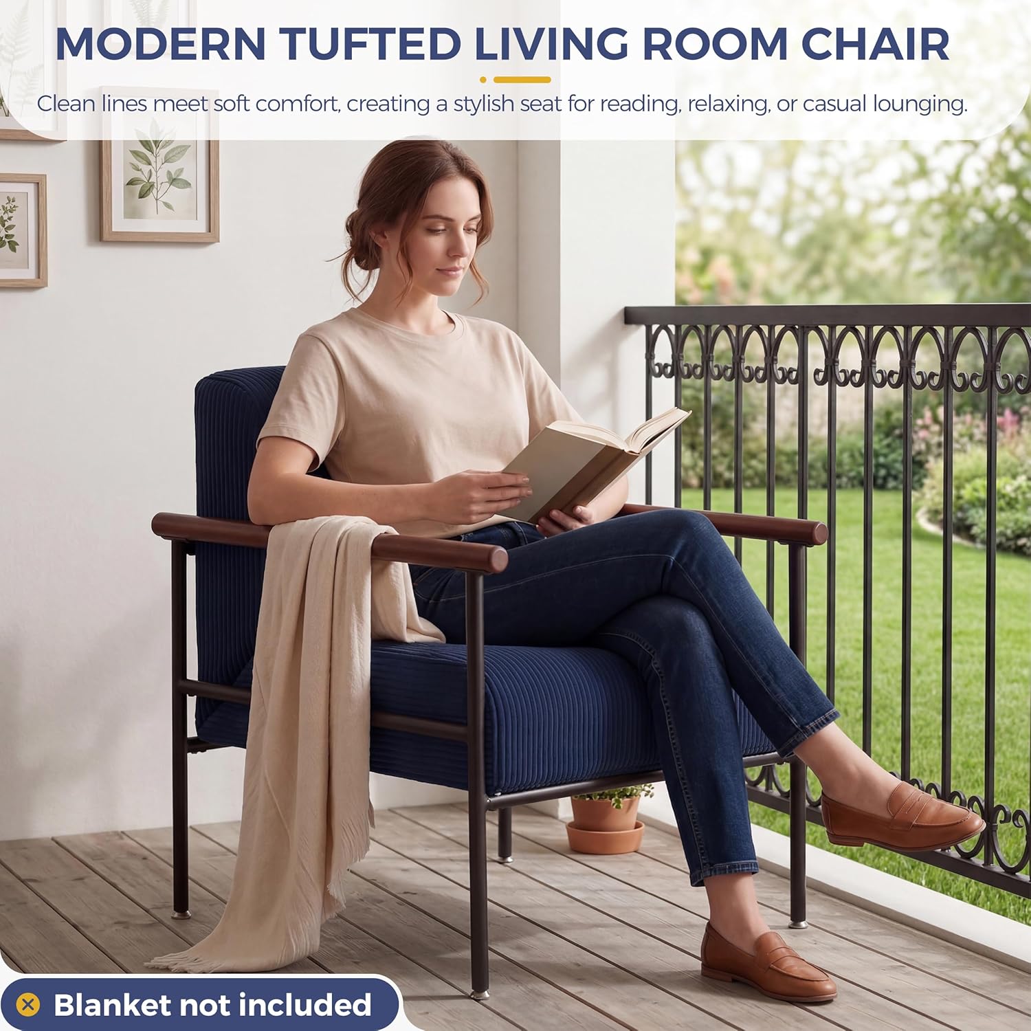 MAXYOYO Living Room Accent Chair, Modern Chair with Sturdy Metal Frame & Wood Armrests, Upholstered Reading Chair with Upholstered Cushion for Bedroom Balcony Porch, Navy
