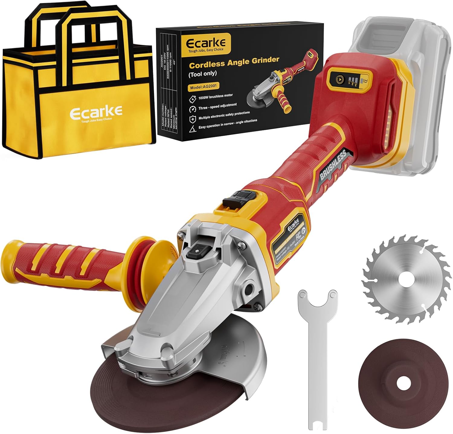Ecarke Flathead Angle Grinder Compatible with DeWalt 20V Battery, 4-1/2" to 5",11000RPM, Anti-Vibration & Gyroscope Safety System,Tool-Free Guard, Angle Grinder for Tight Spaces Grinding (Tool Only)