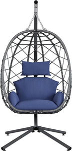 SWITTE Hanging Egg Chair with Stand, Outdoor Indoor Rattan Wicker Egg Swing Chair with Cushion, Heavy Duty Patio Hammock Chairs for Garden Backyard Balcony Bedroom, 400LBS Capacity, Dark Blue