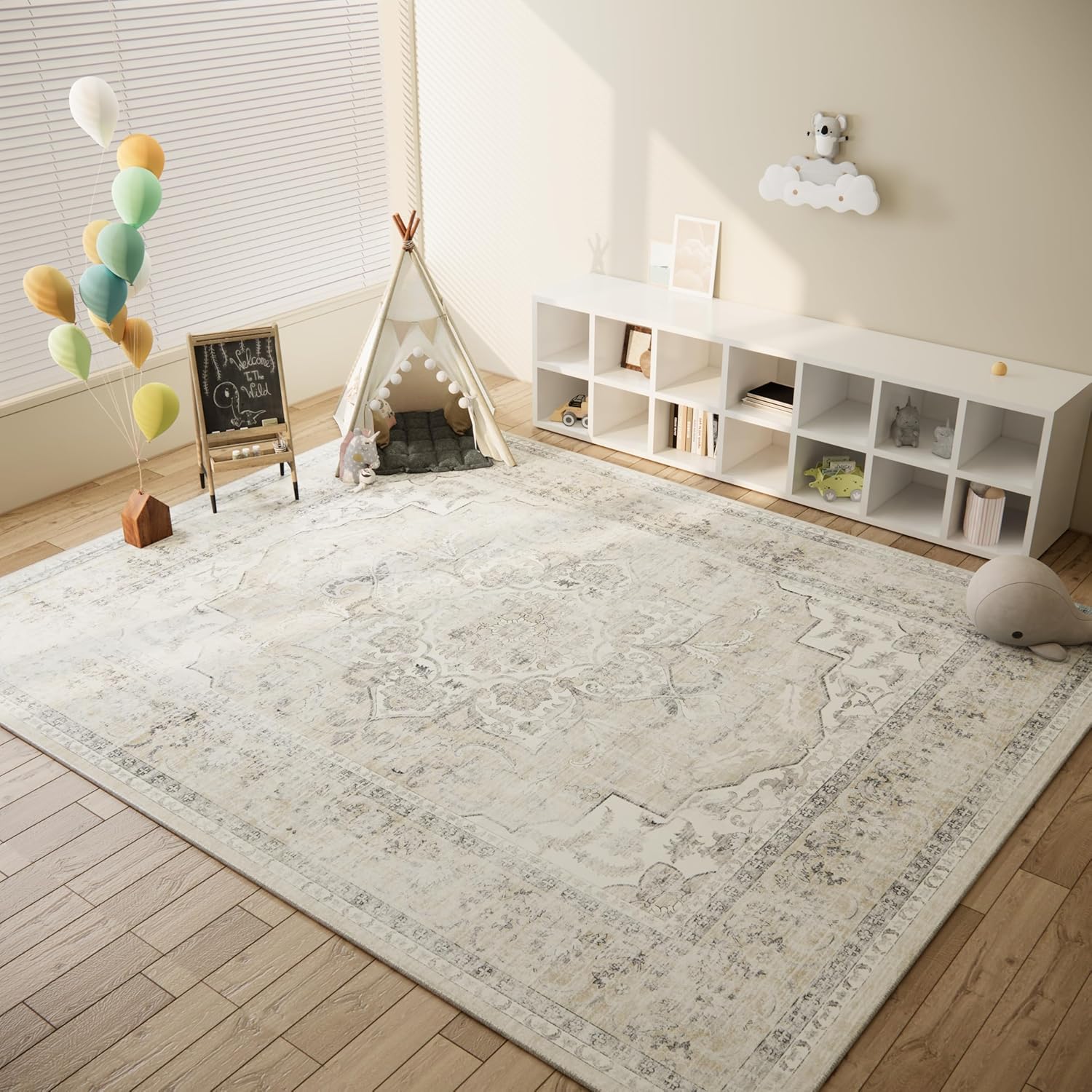 Area Rugs 9x12 Living Room: Washable Rugs for Bedroom Stain Resistant Non Slip Distressed Vintage Large Boho Rug Low Pile Faux Wool Soft Carpets for Living Room Dining Room Farmhouse Playroom