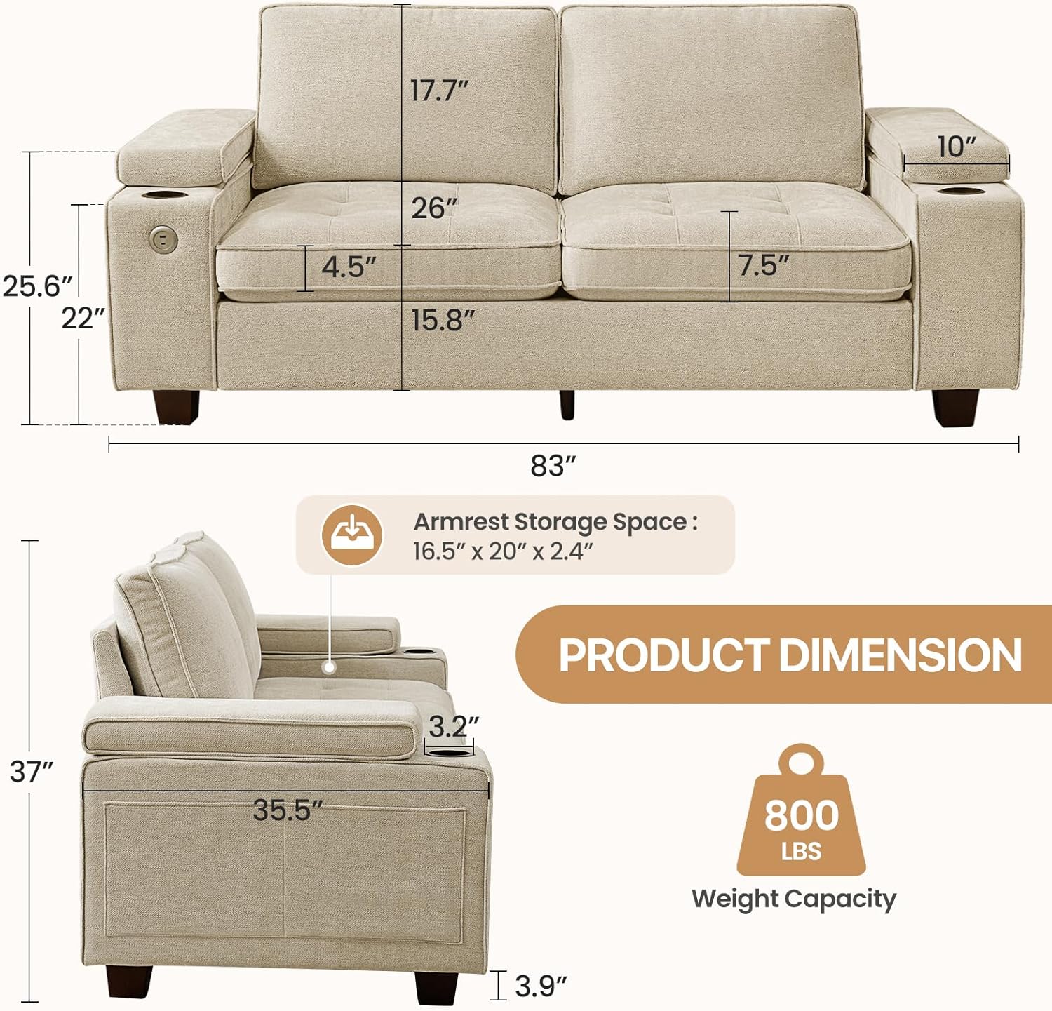 74" Loveseat Couch for Living Room, Modern Chenille Upholstered Sofa with Adjustable Armrest,Storage,Cup Holders,USB & Type-C Ports,Solid Wood 2-Seater Loveseat Sofa for Apartment(Beige)