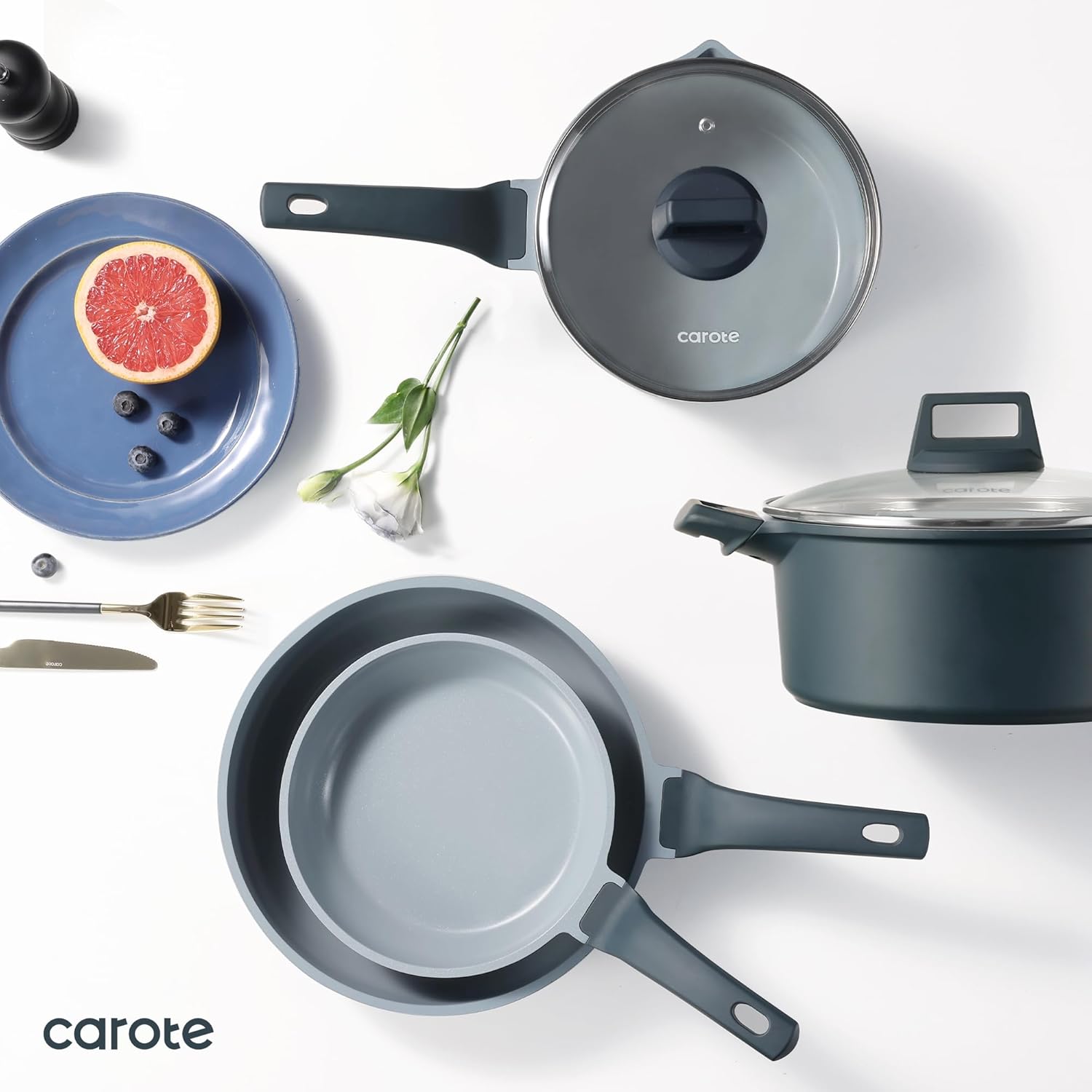 CAROTE 14 Pcs Ceramic Cookware Set, Pots and Pans Set Non Stick with Ceramic Coating, Induction Kitchen Sets