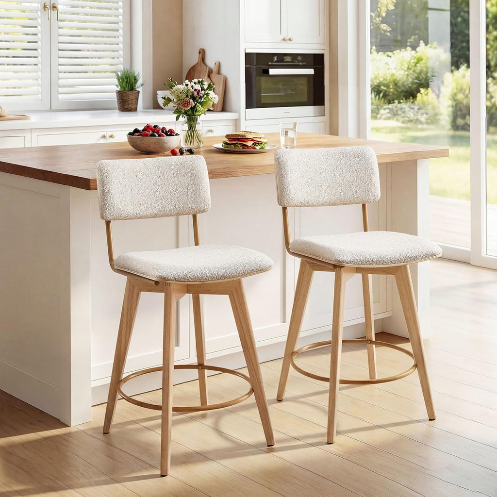 Swivel Counter Height Barstools, 26" Natural Wood Bar Stools Set of 2, Kitchen Counter Stools with Wooden Legs, Linen Fabric Island Chairs for Kitchen Island and Home Pub, Beige + Natural Finish
