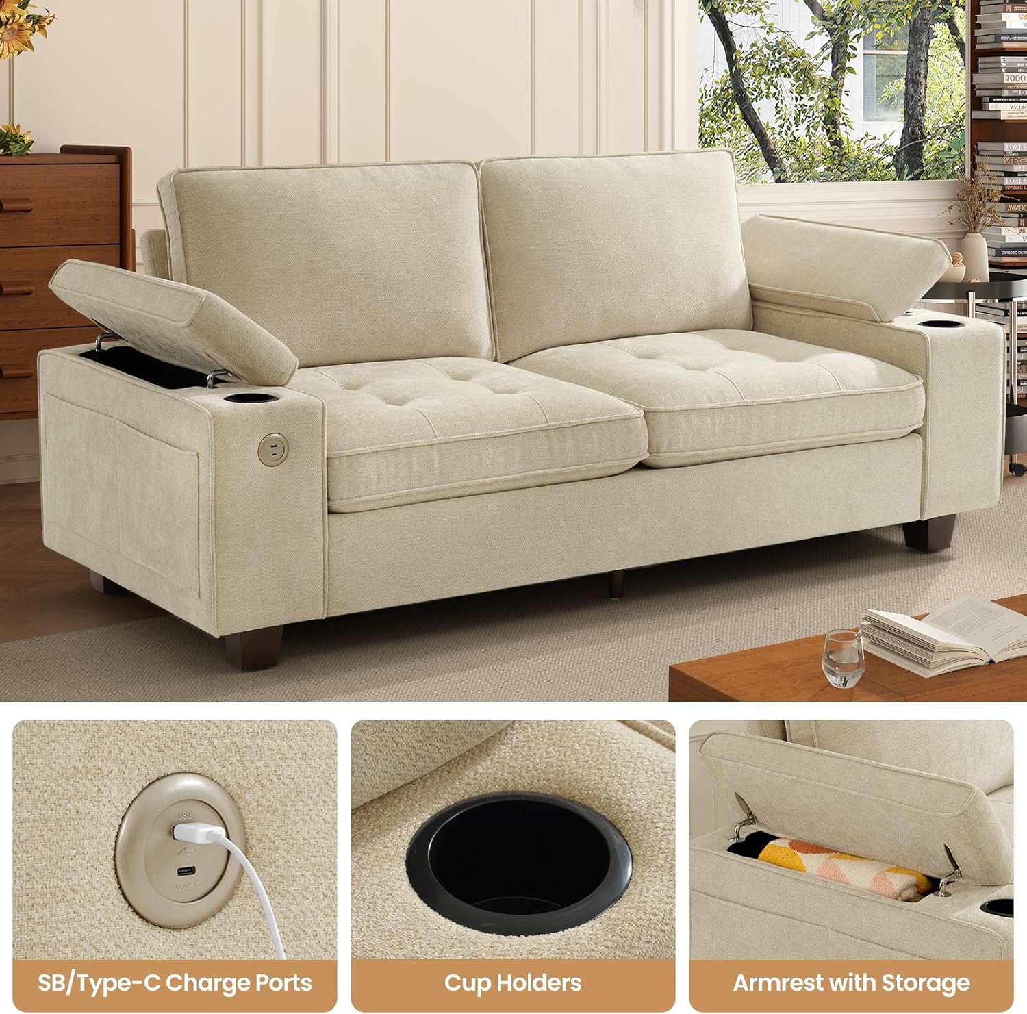 74" Loveseat Couch for Living Room, Modern Chenille Upholstered Sofa with Adjustable Armrest,Storage,Cup Holders,USB & Type-C Ports,Solid Wood 2-Seater Loveseat Sofa for Apartment(Beige)