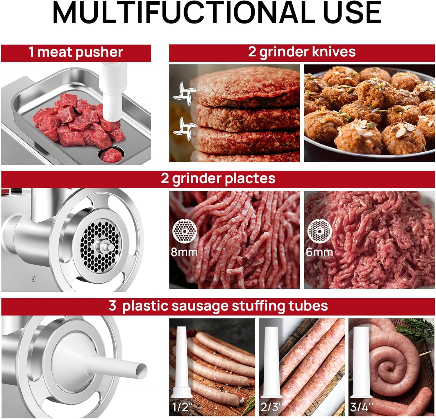 Commercial Electric Meat Grinder #22, 1.2HP Heavy Duty Stainless Steel Meat Mincer with 2 Blades, 2 Plates & 3 Stuffing Tubes,Sausage Stuffer Machine for Home Kitchen & Restaurant Use