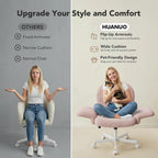 HUANUO Vanity Chair with 6-Position Adjustable Armrests, Criss Cross Chair with Wide Cushion, Soft Corduroy Fabric, 90°-105° Recline, Pet-Friendly, Perfect for Makeup Bedroom, Home Office, Pink