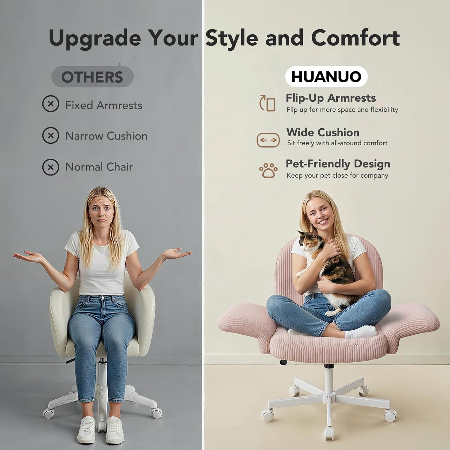 HUANUO Vanity Chair with 6-Position Adjustable Armrests, Criss Cross Chair with Wide Cushion, Soft Corduroy Fabric, 90°-105° Recline, Pet-Friendly, Perfect for Makeup Bedroom, Home Office, Pink