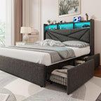 LED King Size Bed Frame with 4 Storage Drawers, Upholstered King Bed Frame with 2-Tier Headboard and Charging Station, No Box Spring Needed, Easy to Assembly - Dark Grey