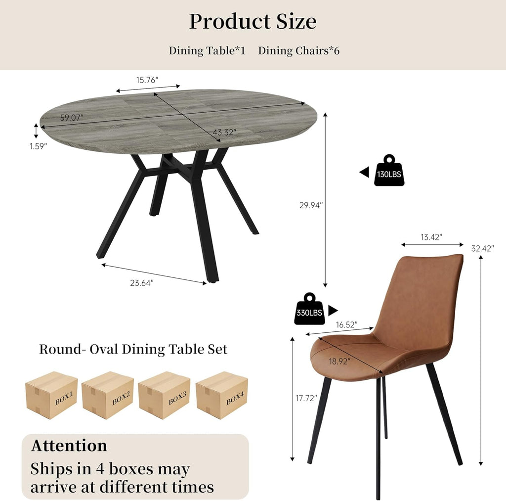 Extendable Round Dining Table Set for 6 People, 43.3"-59.1" Extendable Kitchen Table with 6 Upholstered Chairs, Space Saving for Kitchen Dining Room (Grey Table+6 Brown Chairs)