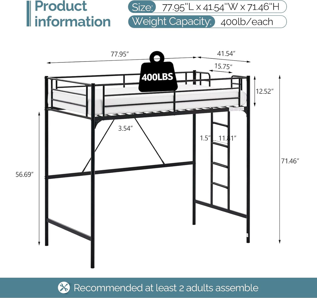 VINGLI 71 Inches Tall Loft Bed Twin Size with Flat Ladder Rung for Kids Teens Adults Heavy Duty Metal Single Bunk Bed Loft with Safety Guard Rails for Small Space, Black