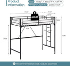 VINGLI 71 Inches Tall Loft Bed Twin Size with Flat Ladder Rung for Kids Teens Adults Heavy Duty Metal Single Bunk Bed Loft with Safety Guard Rails for Small Space, Black