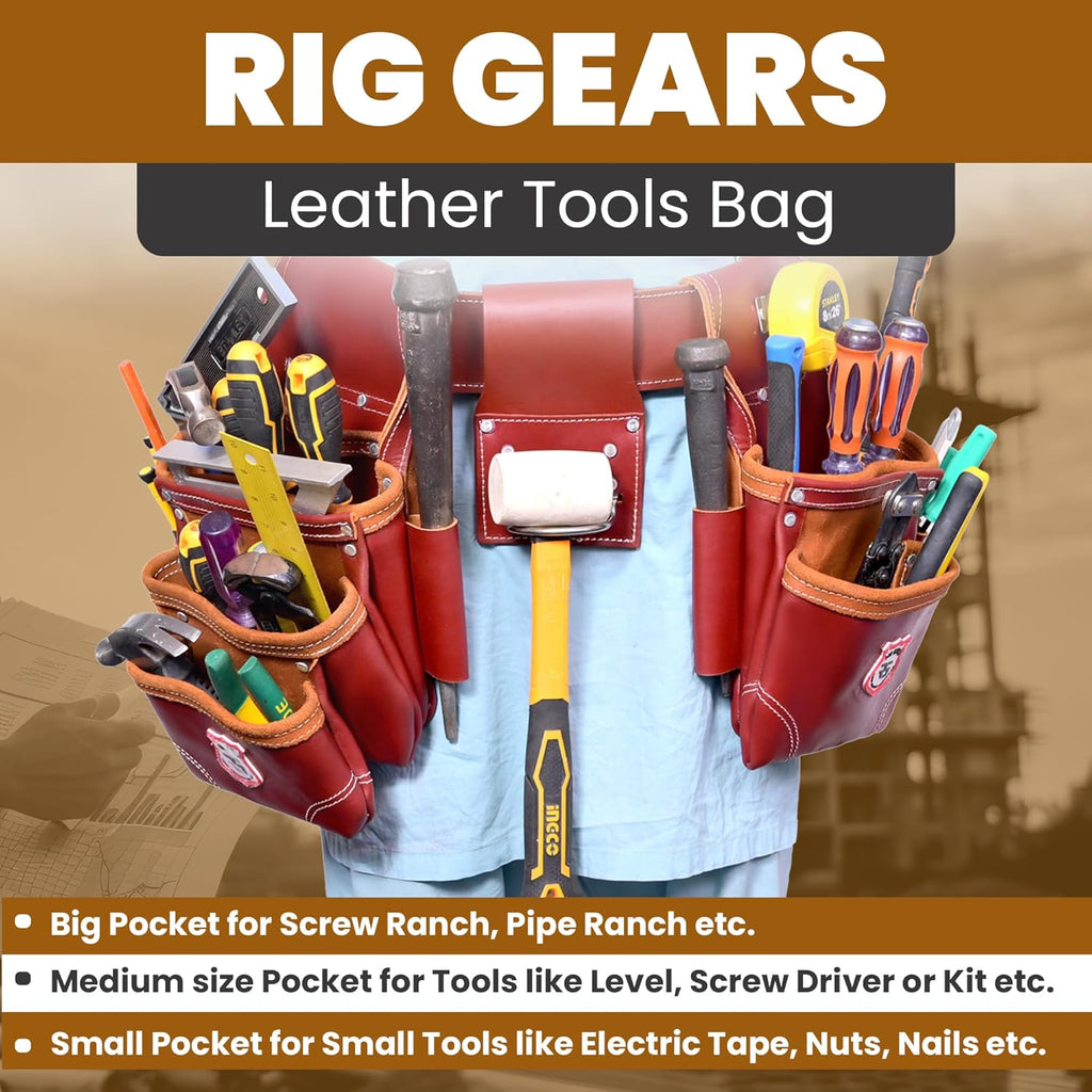 Professional 11 Pockets Leather Tool Pouch Bags/Carpenter Tool Belt Set | Heavy-duty Drywall Pouch, Electrician Pouch, And Framing Tool Belt Pouches (Maroon, Standard)