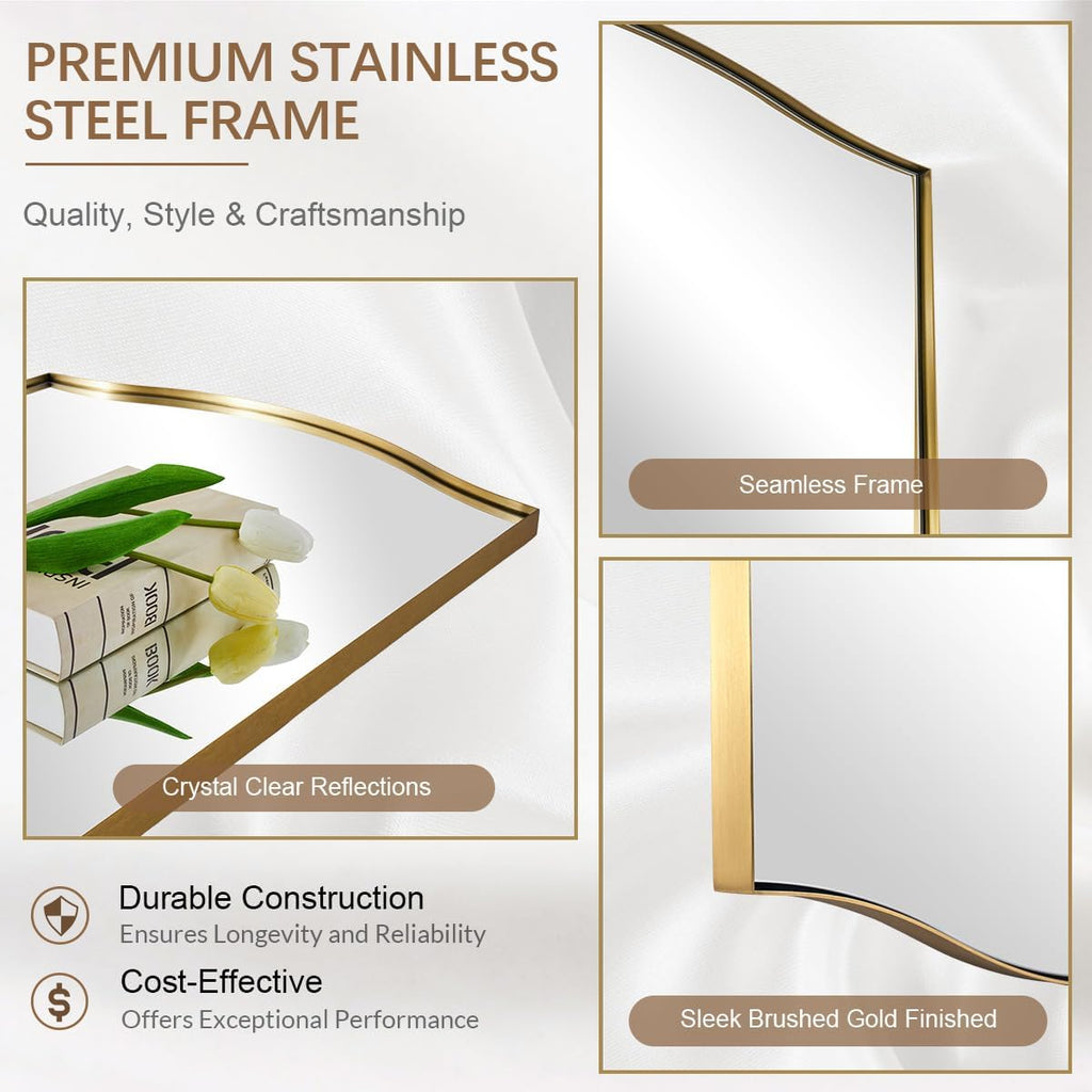 ANDY STAR 30"x40" Scalloped Wall Mirror, Brushed Gold Rectangle Bathroom Mirror with Curved Edge Stainless Steel Metal Frame, Large Wall-Mounted Mirror for Bathroom, Entryway (Horizontal/Vertical)