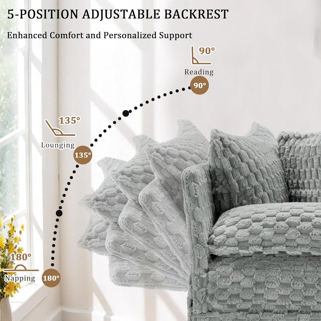 Faux Fur Chaise Lounge Indoor with Adjustable Backrest, 59 Inches Single Sleeper Sofa Chair with 3 Lumbar Pillows, Upholstered Oversized Lounge Chair for Living Room, Bedroom, Office