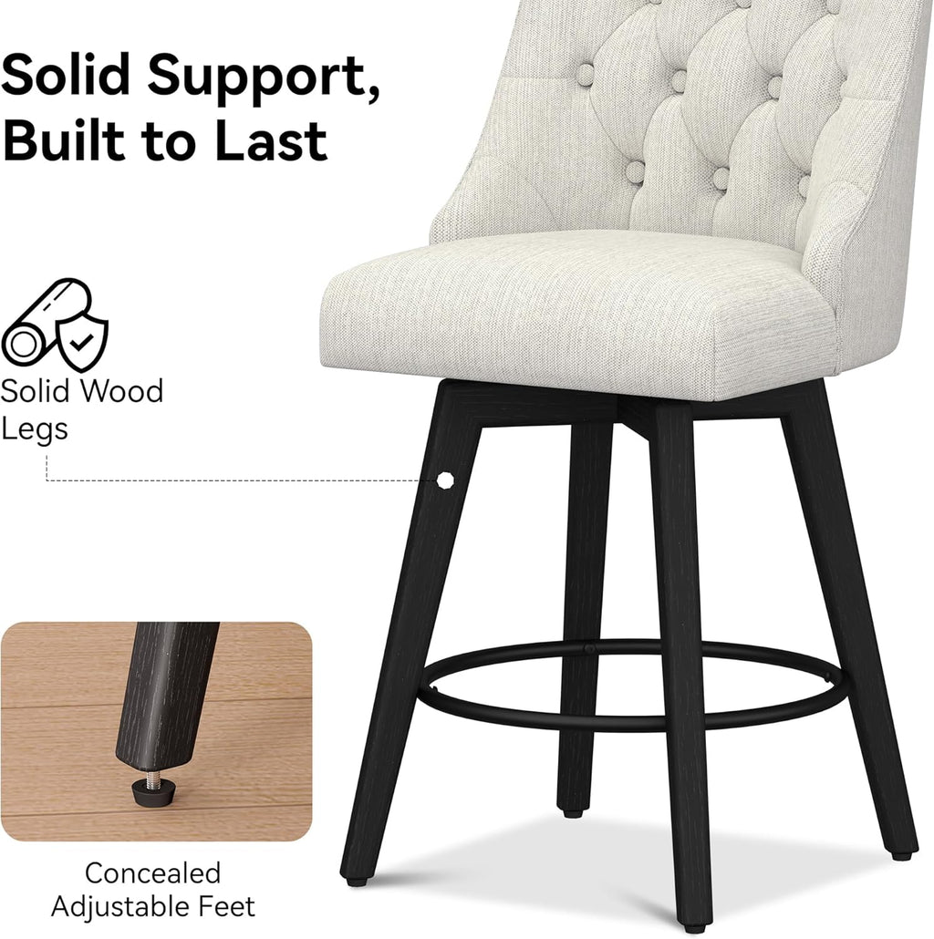 Counter Height Bar Stools Set of 2, Modern Swivel Barstools with Back and Wood Legs, Linen Fabric Upholstered Counter Height Stools, 26" H Kitchen Island Stools, Home Bar, Pub, Ivory
