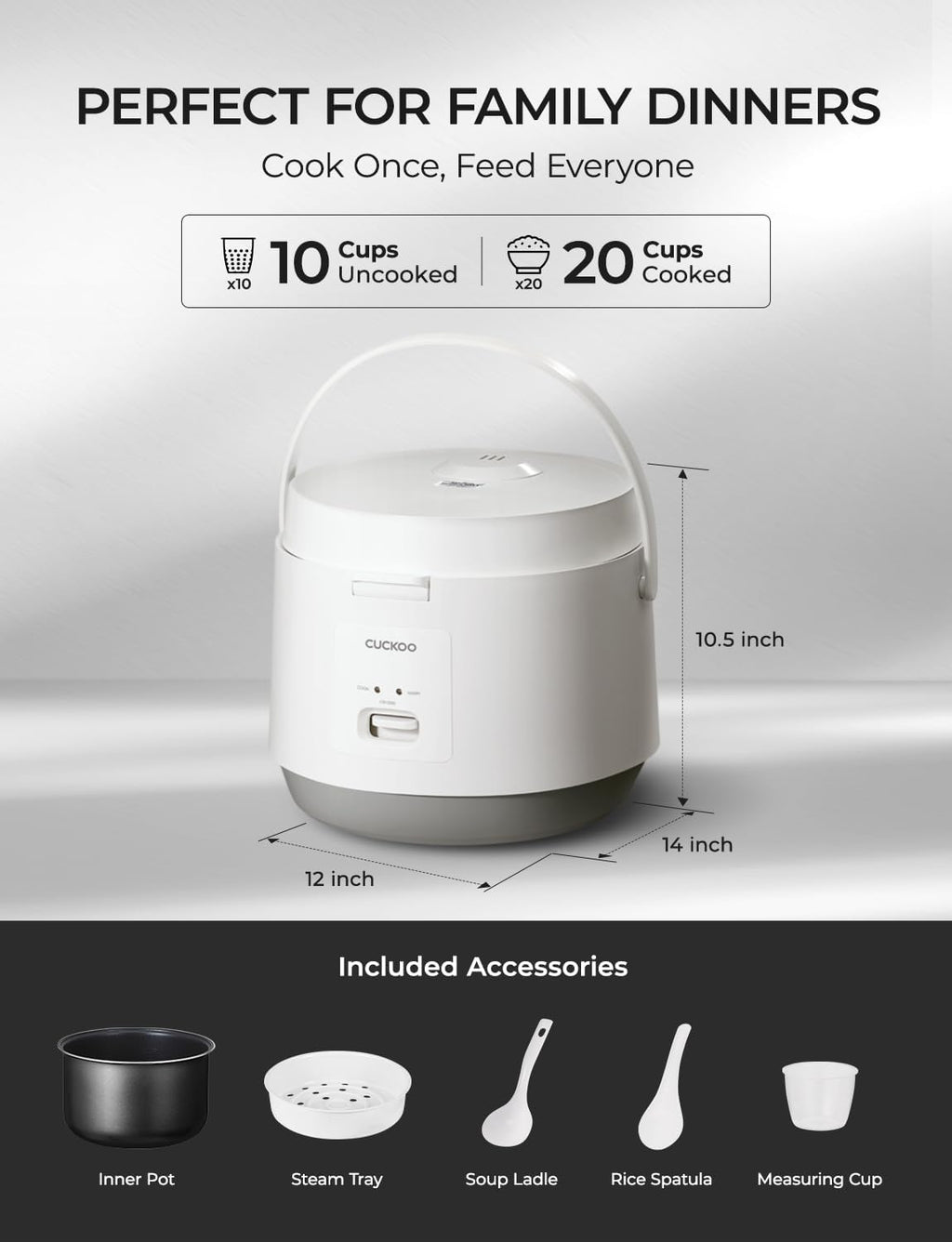 CUCKOO Basic Rice Cooker 10-Cup Uncooked / 20-Cup Cooked, Large Rice Maker and Warmer with Nonstick Inner Pot, Easy to Use with Auto Keep Warm, Includes Steam Tray, White (CR-1095)