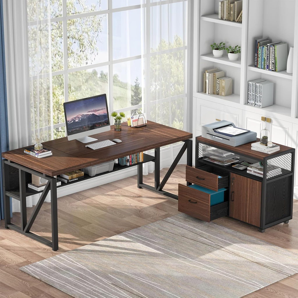 Tribesigns 63" Executive Deskwith Drawer Cabinet, L Shaped Desk and lateral File Cabinet, 2 Piece Home Office Furniture Set with Drawers for Hanging, Doors with Locks (Dark Brown, 63 inches)