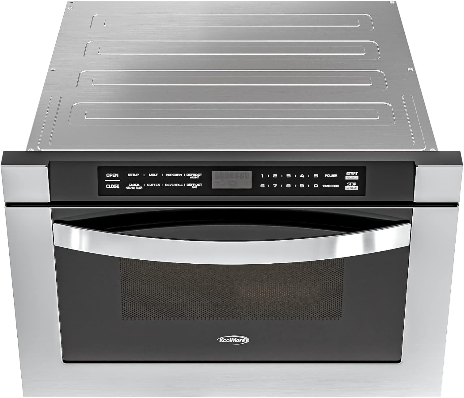 KoolMore 24 Inch Stainless-Steel Microwave Drawer with 1.2 cu. ft. Capacity, 1000W Power with 10 Custom Cooking Levels, Memory, and Timer Functions, Wall-Mounted with Flat Bottom (KM-MD-1SS)