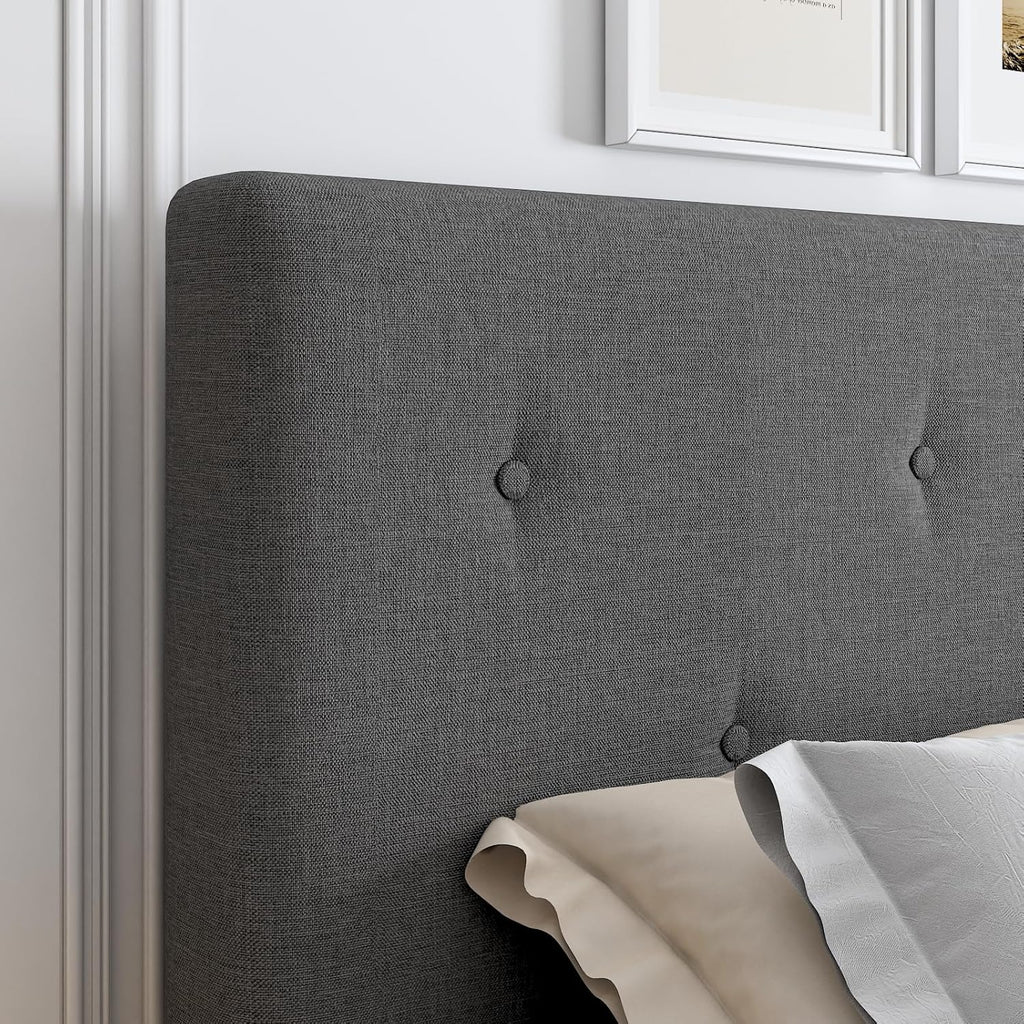 King Size Linen Bed Frame, Upholstered Platform Bed Frame with Adjustable Headboard, Wooden Slats Support, No Box Spring Needed, Easy Assembly, Grey