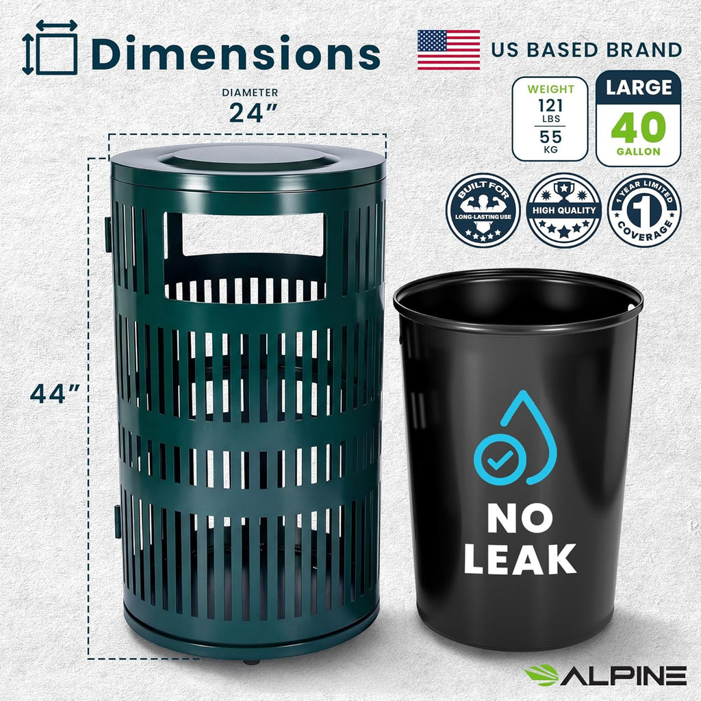 Alpine 40 Gallon Commercial Outdoor Trash Can with Lid, Weather Resistant, Locking Steel Waste Receptacle with Pull-Out Liner, Heavy Duty Galvanized Garbage Bin for Parks, Schools, City Streets- Green