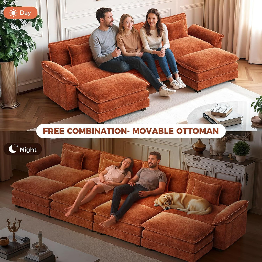 CDCASA 154" Oversized Modular Sectional Sofa, Comfy U-Shaped Cloud Couch w/ 3 Movable Ottomans, 7-Seater Chenille Deep Seat Modern Sofa Couch for Living Room, Terracotta Orange