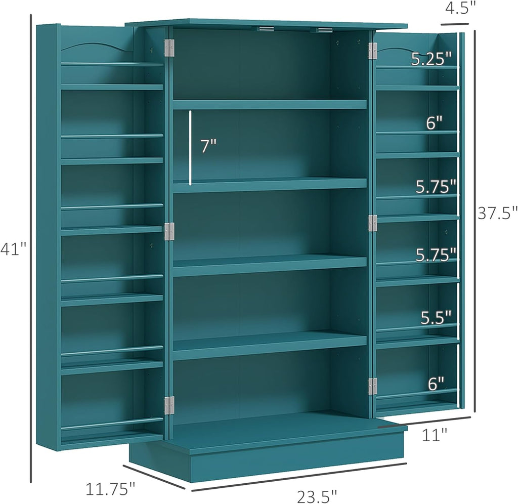 HOMCOM 41" Kitchen Pantry Storage Cabinet, Freestanding Kitchen Cabinet with 12 Door Shelves, Double Doors, 5-Tier Shelving and Adjustable Shelves, Blue