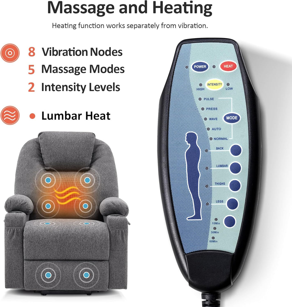 MCombo Power Lift Recliner Chair for Elderly, Lift Chair with Heat and Massage, FSC Certified, USB&Type C Ports, Cup Holders, Fabric 7040 (Medium, Gray)