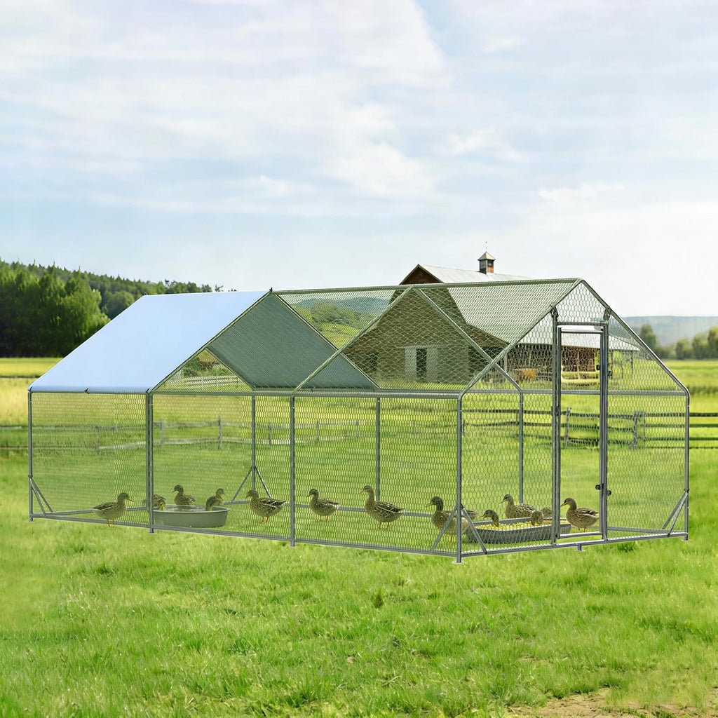Large Metal Chicken Run Walk-in Poultry Cage Spire-Shaped Chicken Coop with Waterproof and Anti-Ultraviolet Cover for Outside Backyard and Farm 19.6' L x 9.8' W x 6.4' H
