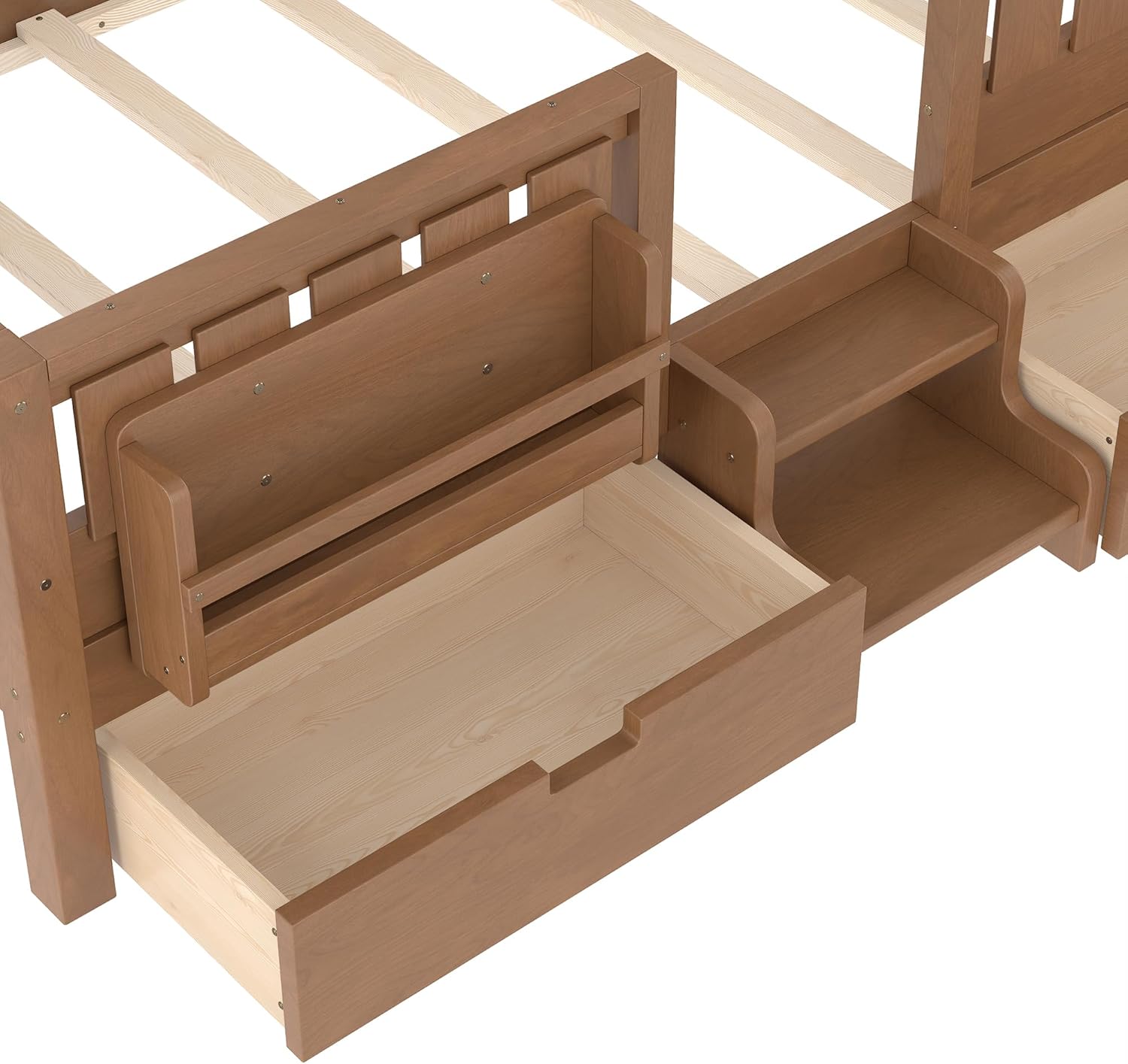 Bellemave Twin Bed with Storage Drawers & Bookshelf, Low Profile Kids Bed Frame with Staircase & Full Length Guardrails, Solid Wood Twin Bed for Kids with Slats Load 300LBS, Easy Assembly, Oak Brown