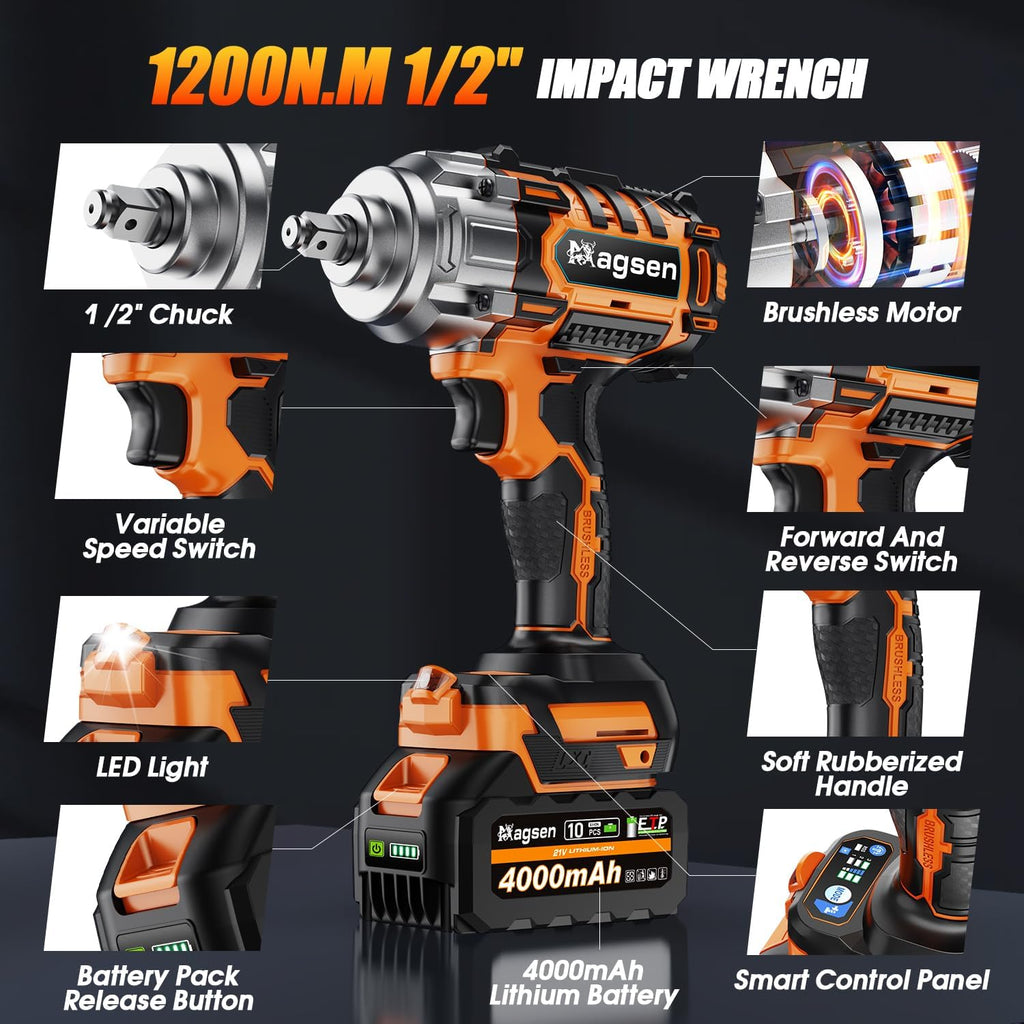 1/2" Cordless Impact Wrench, 900Ft-lbs (1200N.m) Brushless High Torque Impact Gun,3800RPM,3 Variable Speeds,LED Light,2x4000mAh Battery, 5 Sockets,Electric Impact Gun for Car/Mower/Pickup