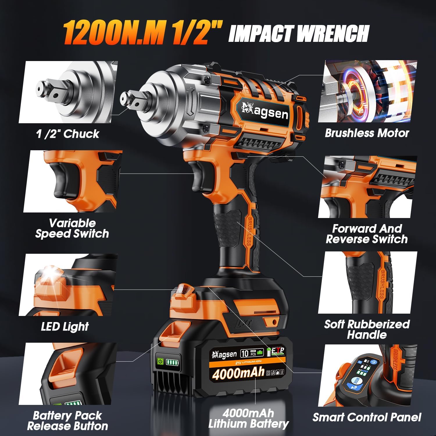 1/2" Cordless Impact Wrench, 900Ft-lbs (1200N.m) Brushless High Torque Impact Gun,3800RPM,3 Variable Speeds,LED Light,2x4000mAh Battery, 5 Sockets,Electric Impact Gun for Car/Mower/Pickup