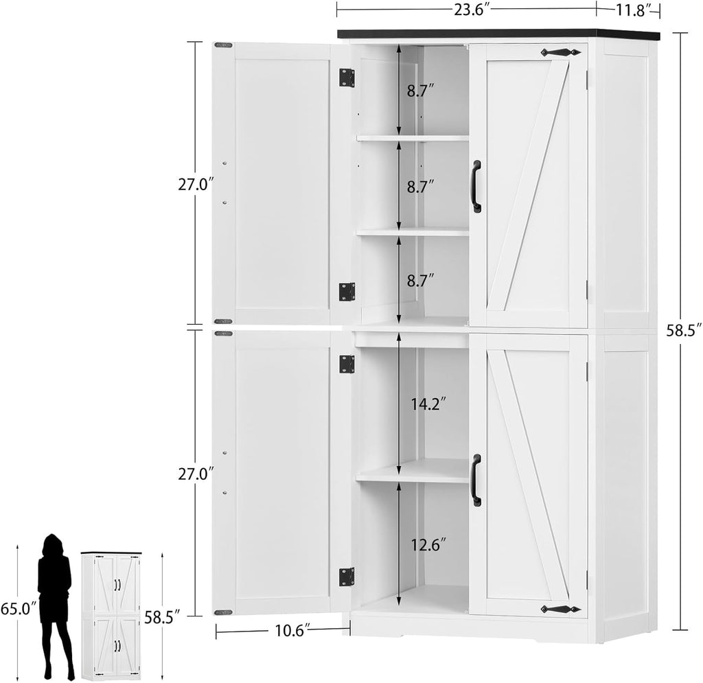 TEENFON 58" H Storage Cabinet with Adjustable Shelf, Farmhouse Kitchen Pantry Cabinet, Bathroom Cabinet with 4 Doors, Cupboard for Kitchen, Bathroom, Living Room, White