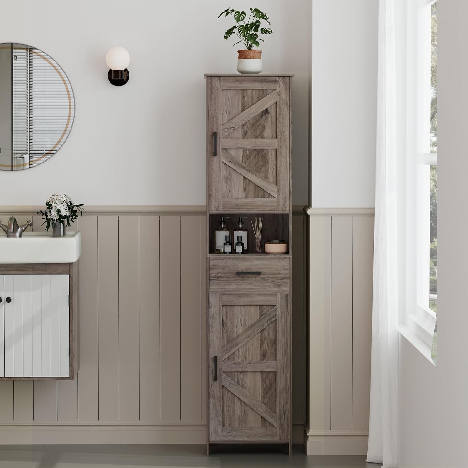 Homhedy 67" H Tall Bathroom Storage Cabinet with 2 Barn Doors and 1 Drawer, Narrow Storage Unit, Adjustable Shelves, Floor Cabinet for Bathroom, Living Room, Entryway, Kitchen, Greige, (15.7" W)