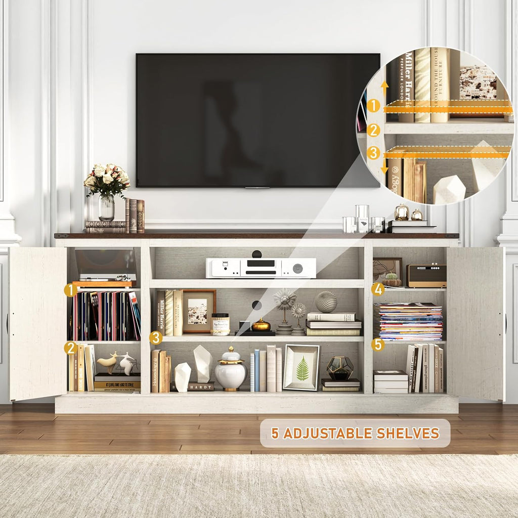 75" Farmhouse TV Stand with Power Outlets for 85 Inch TVs, 33" Tall Entertainment Center with Storage Cabinets w/Adjustable Shelves, Rustic Large TV Media Console, Rustic White