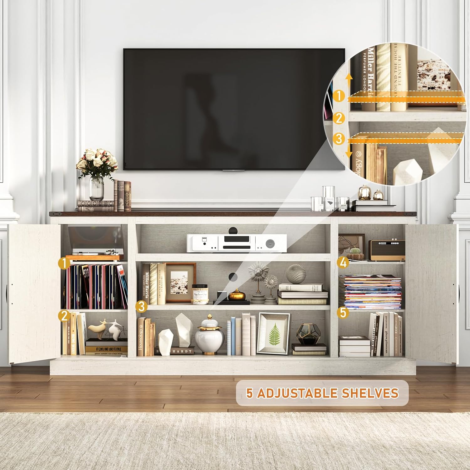 75" Farmhouse TV Stand with Power Outlets for 85 Inch TVs, 33" Tall Entertainment Center with Storage Cabinets w/Adjustable Shelves, Rustic Large TV Media Console, Rustic White