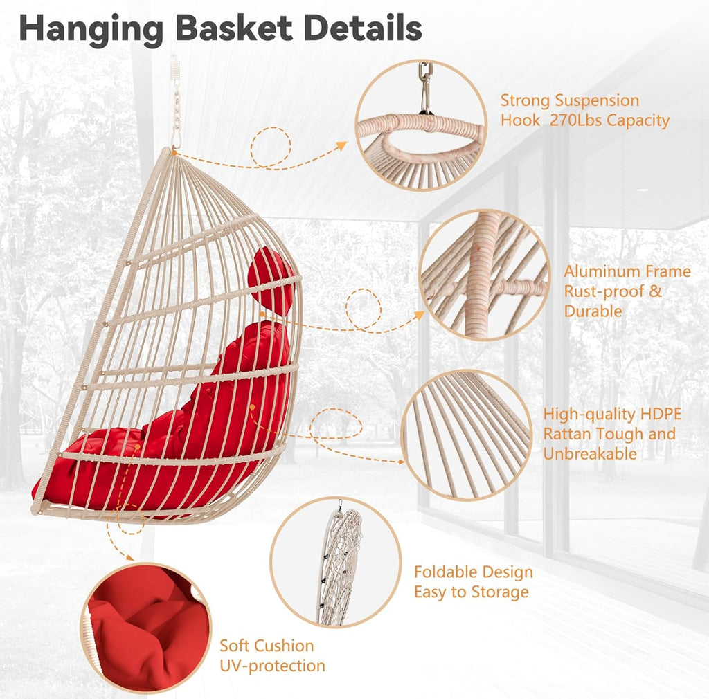 Hanging Egg Chair with Pillow, HDPE Rattan Foldable Swing Chair with Aluminum Frame & UV Resistant Cushion, Hammock Egg Basket Without Stand for Indoor Outdoor, 350Lbs Capacity (Red Cushion)