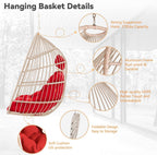 Hanging Egg Chair with Pillow, HDPE Rattan Foldable Swing Chair with Aluminum Frame & UV Resistant Cushion, Hammock Egg Basket Without Stand for Indoor Outdoor, 350Lbs Capacity (Red Cushion)