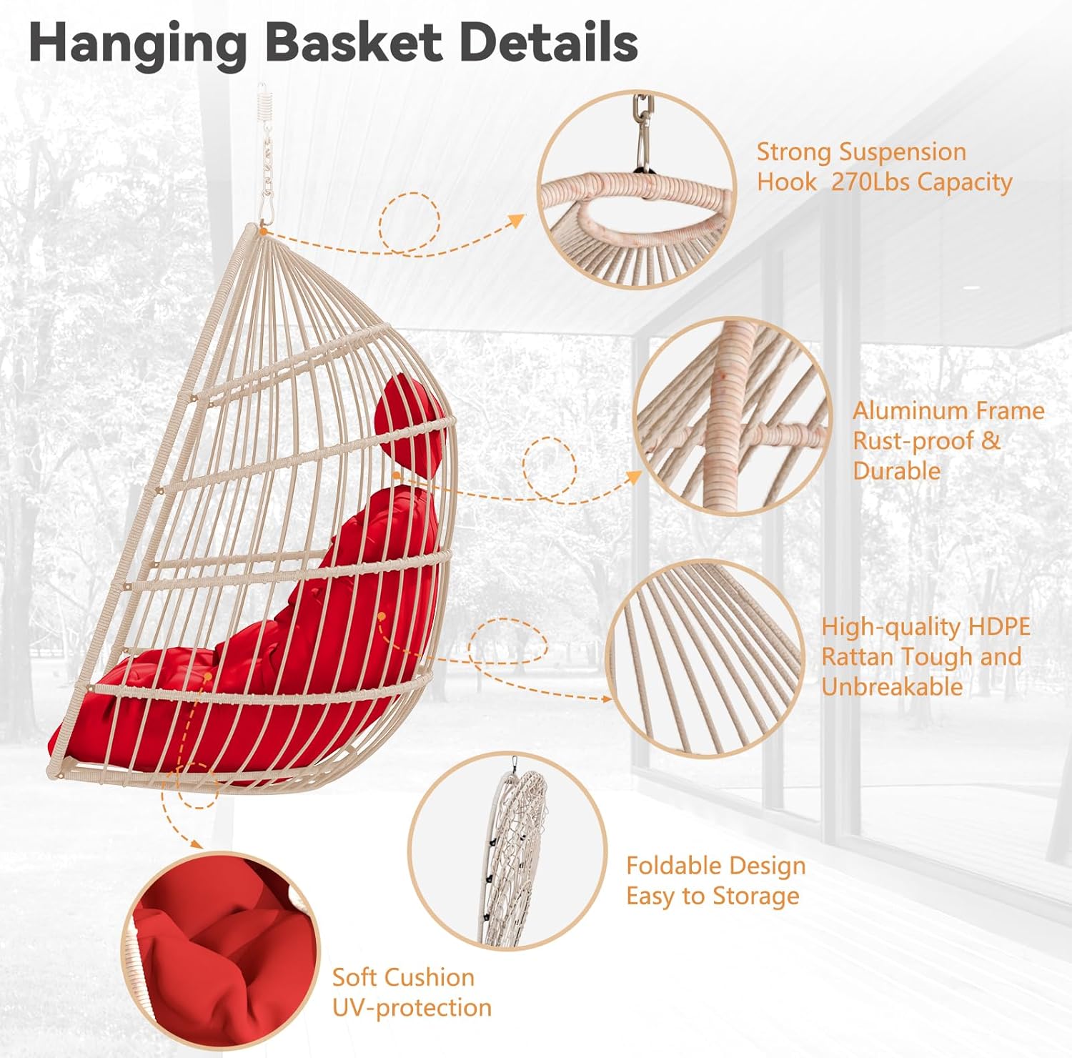 Hanging Egg Chair with Pillow, HDPE Rattan Foldable Swing Chair with Aluminum Frame & UV Resistant Cushion, Hammock Egg Basket Without Stand for Indoor Outdoor, 350Lbs Capacity (Red Cushion)