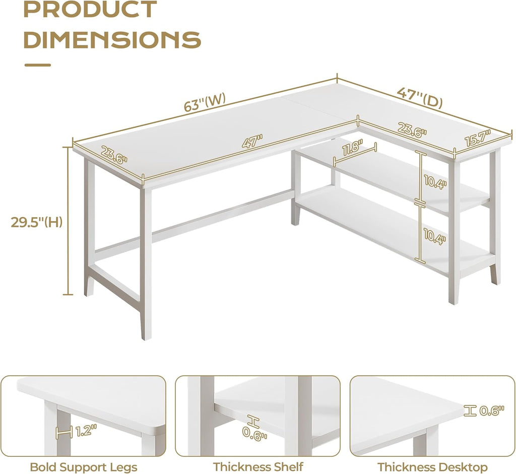 IOTXY Reversible L-Shaped Office Desk - 63" Extra Large Corner Computer Table with Storage Shelves, Solid Wood Legs, Home Writing & Study Workstation, White