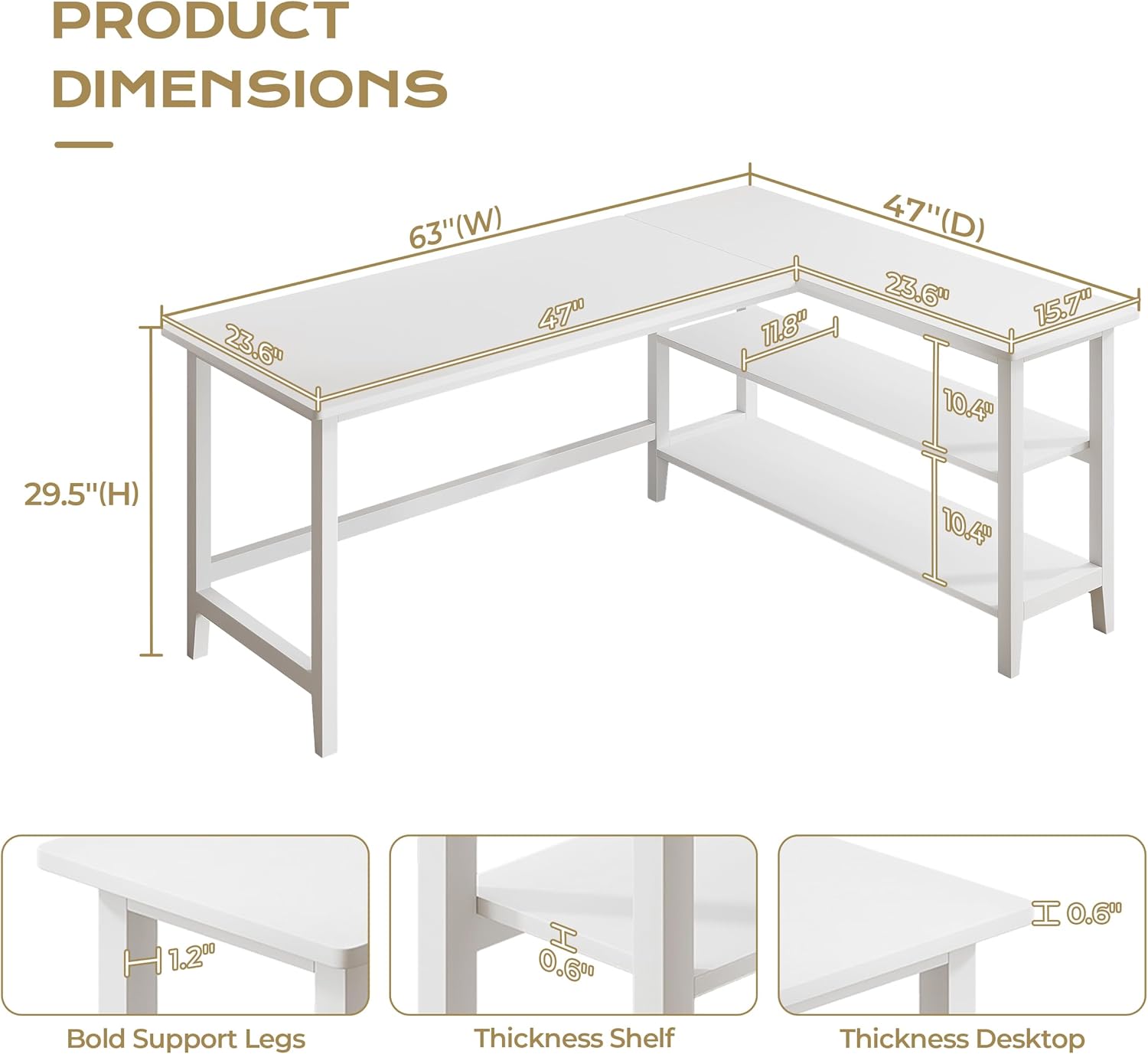 IOTXY Reversible L-Shaped Office Desk - 63" Extra Large Corner Computer Table with Storage Shelves, Solid Wood Legs, Home Writing & Study Workstation, White